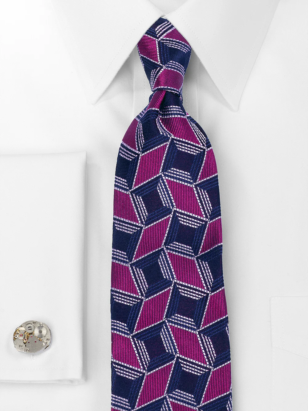 Geometric Woven Silk Tie - Berry/navy - Image 2