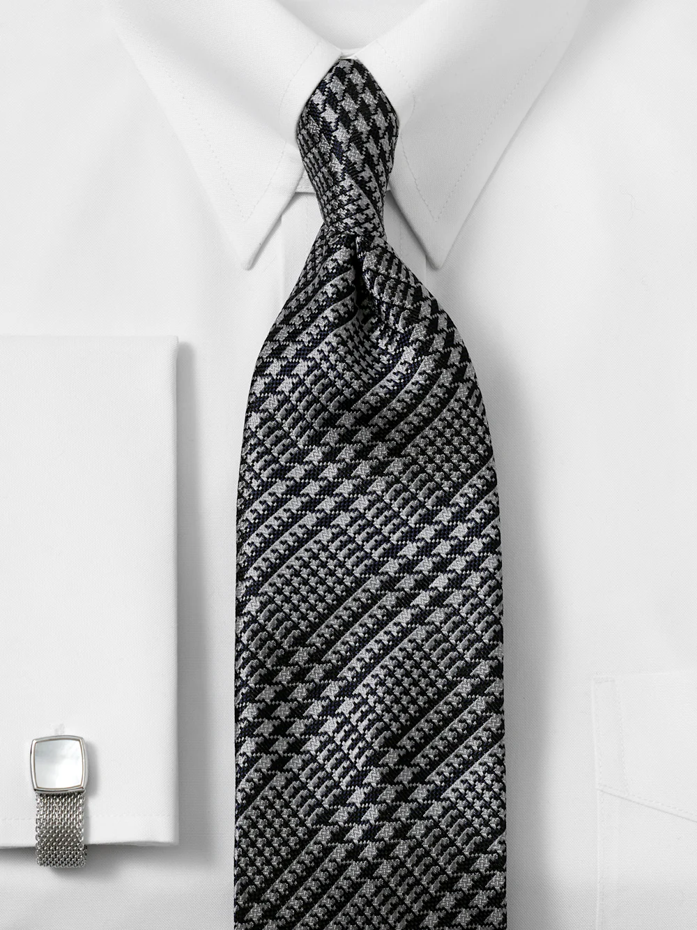 Houndstooth Plaid Woven Silk Tie - Black/grey - Image 2
