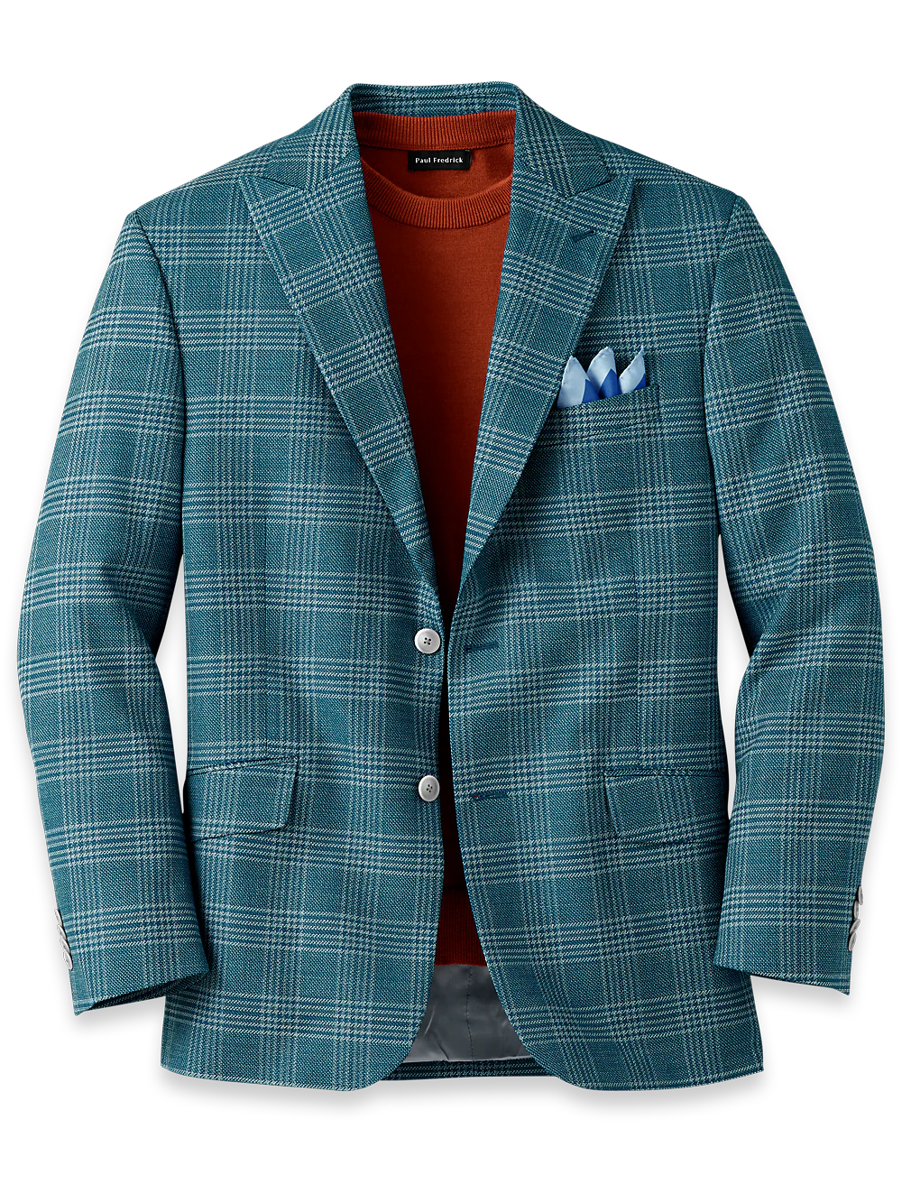 Italian Wool Blend Plaid Peak Lapel Sport Coat - Teal