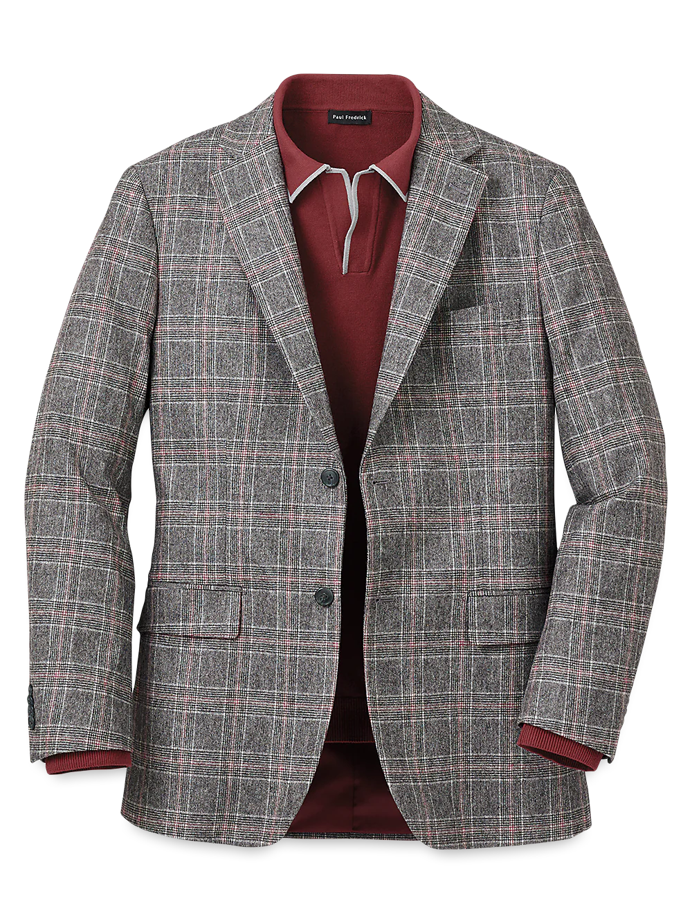 Italian Wool Blend Plaid Single Breasted Notch Lapel Sport Coat - Grey/red