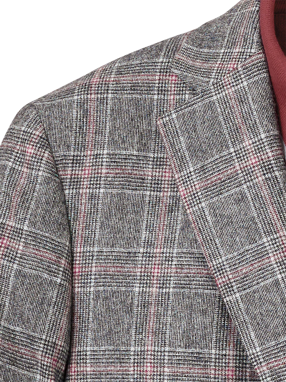 Italian Wool Blend Plaid Single Breasted Notch Lapel Sport Coat - Grey/red - Image 3