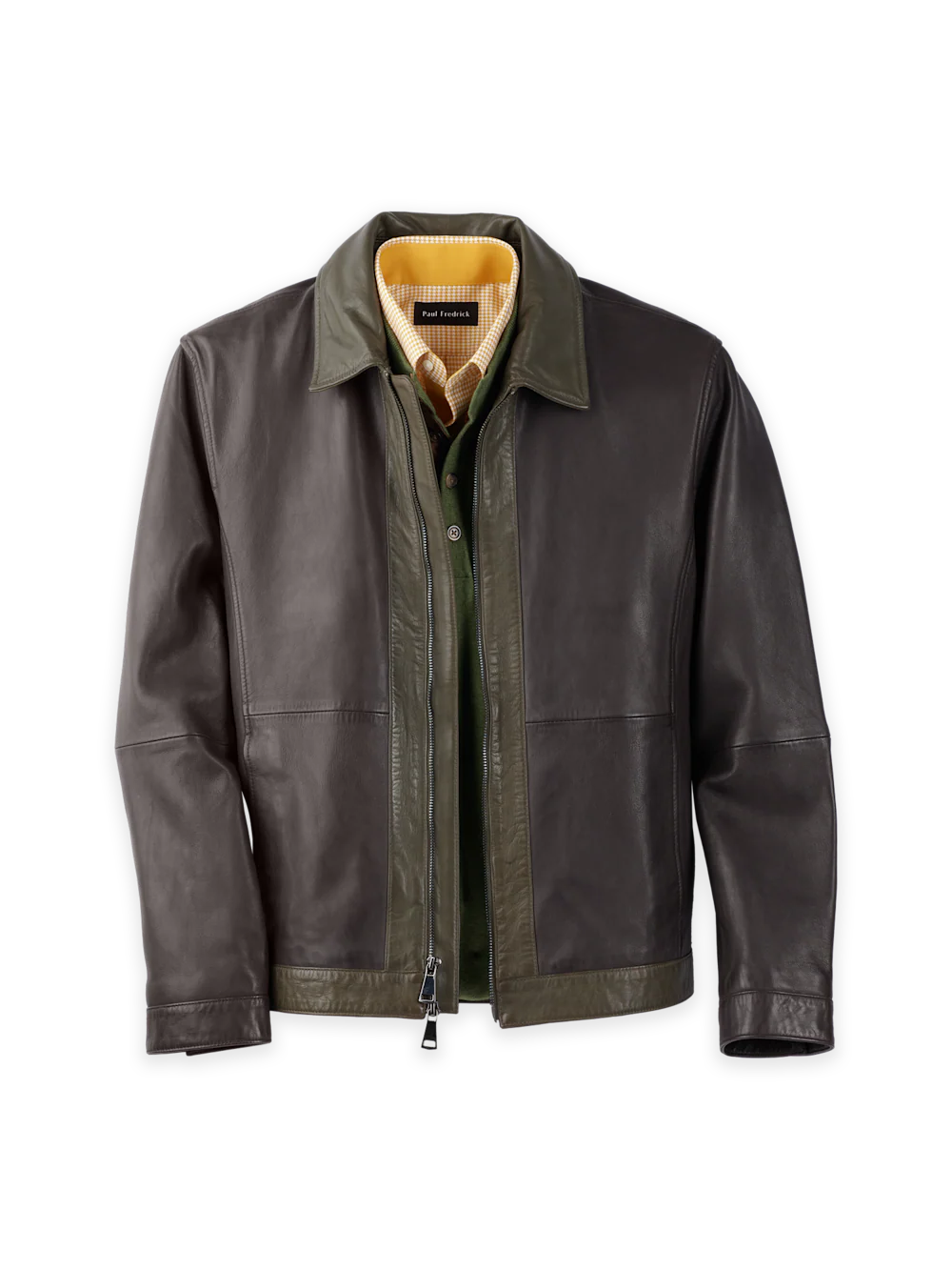 Leather Color Block Jacket - Dark Brown/olive