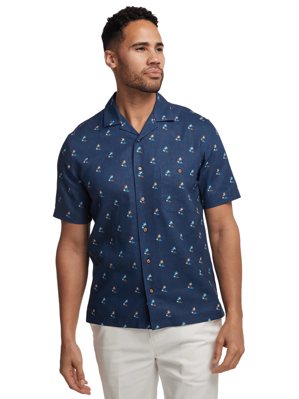 Linen Blend Novelty Print Casual Shirt - Navy - Image 2