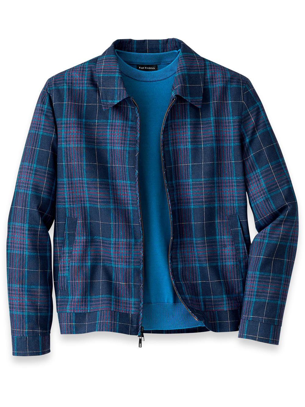 Linen Blend Plaid Bomber Jacket - Navy Multi