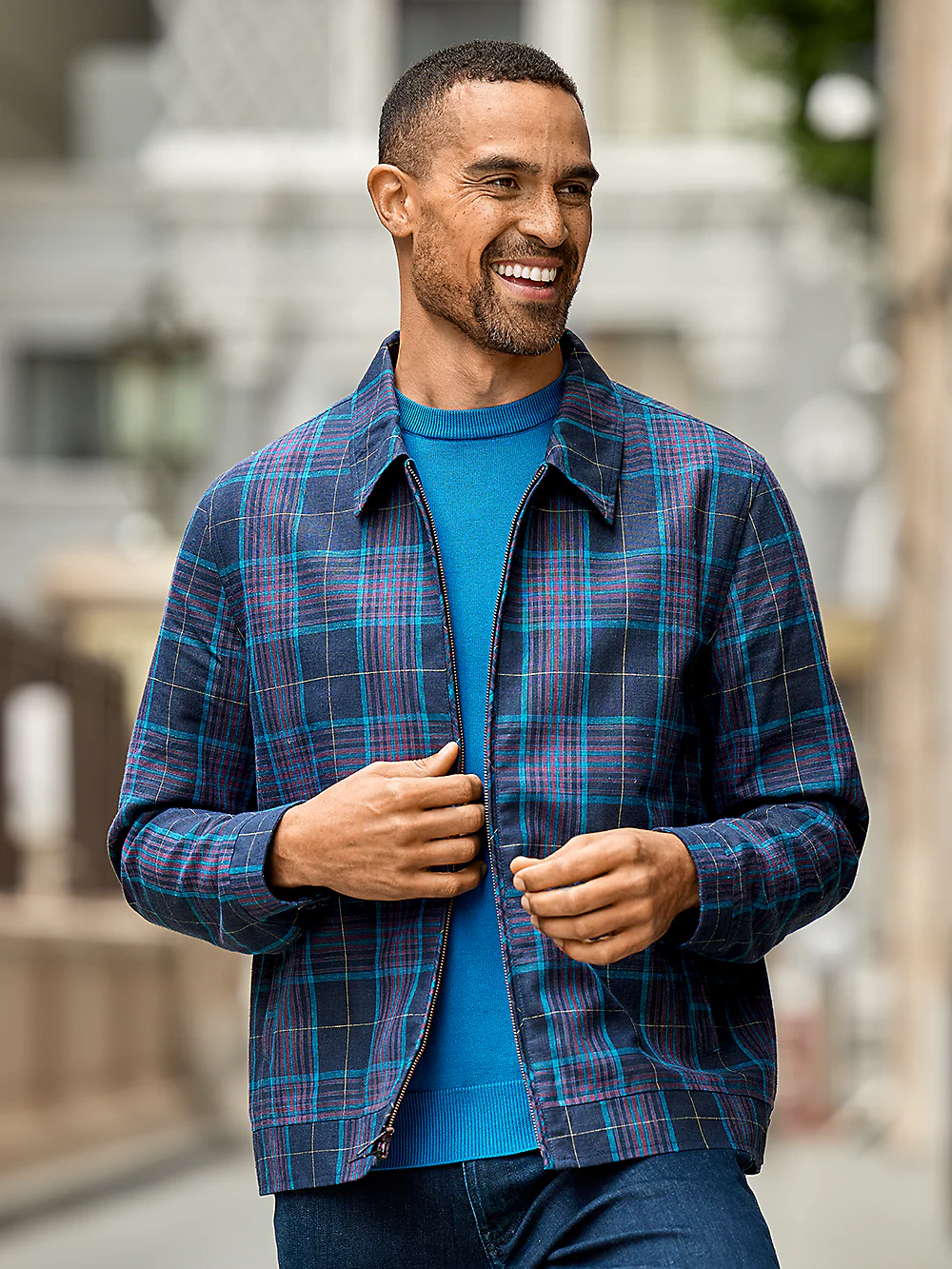 Linen Blend Plaid Bomber Jacket - Navy Multi - Image 2