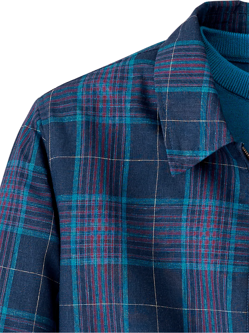 Linen Blend Plaid Bomber Jacket - Navy Multi - Image 4