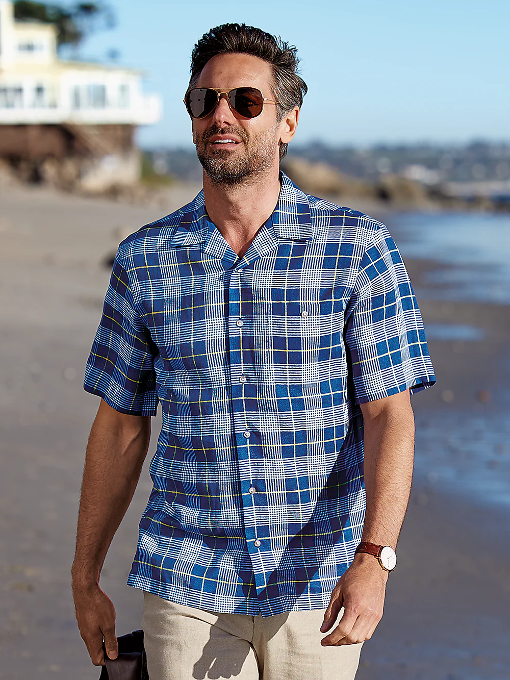 Linen Glen Plaid Casual Shirt - Cobalt/yellow - Image 2