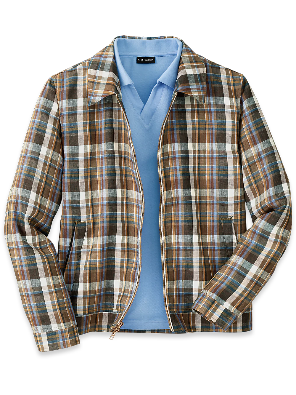 Linen Plaid Bomber Jacket - Tan Multi
