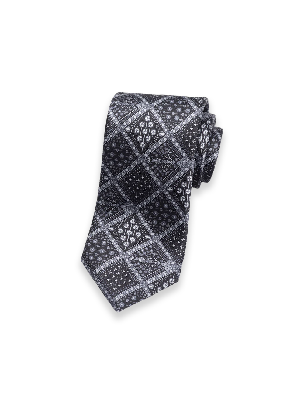Medallion Printed Italian Silk Tie - Black/grey