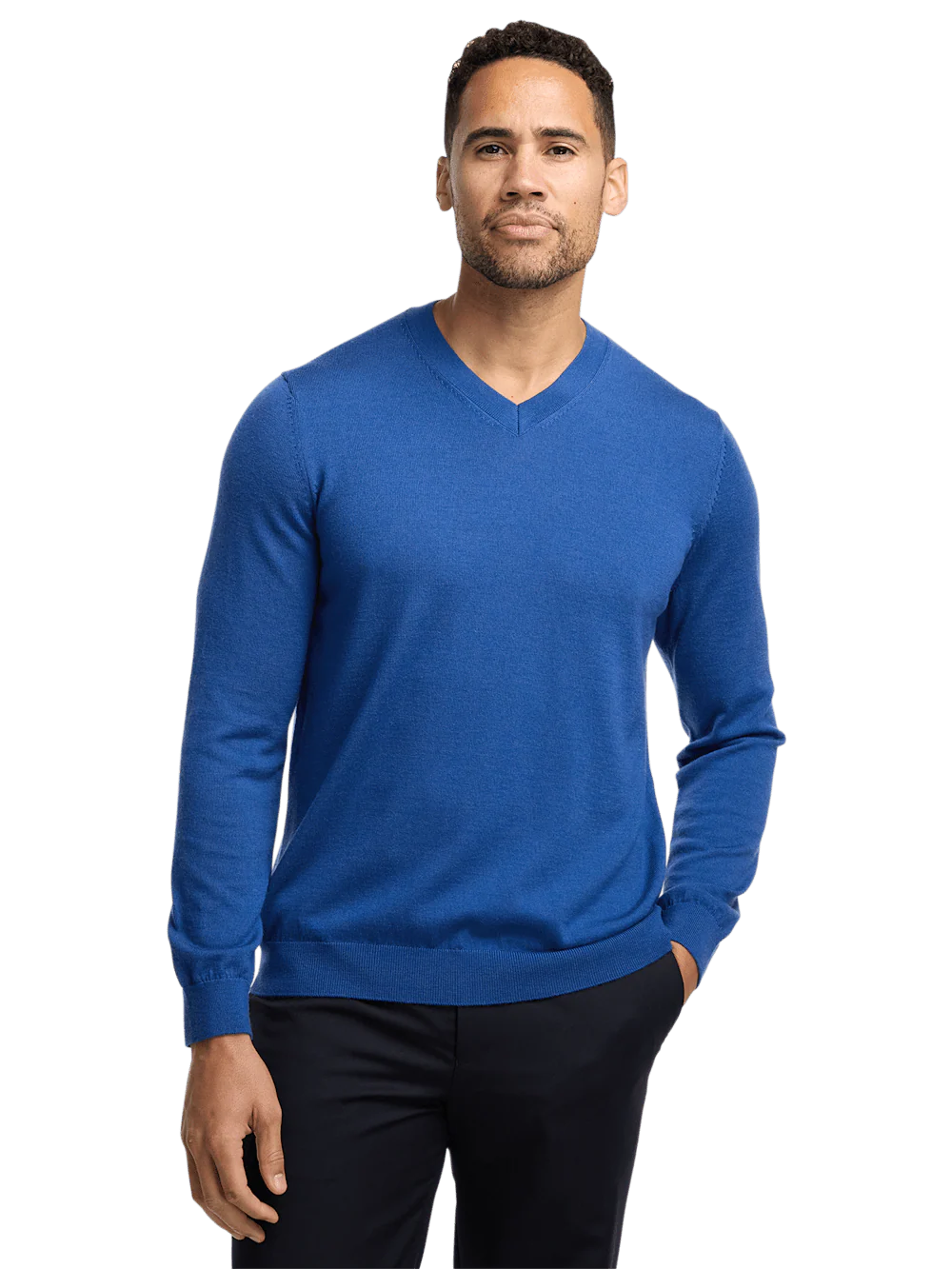 Merino Wool V-neck Sweater - Blue - Image 2