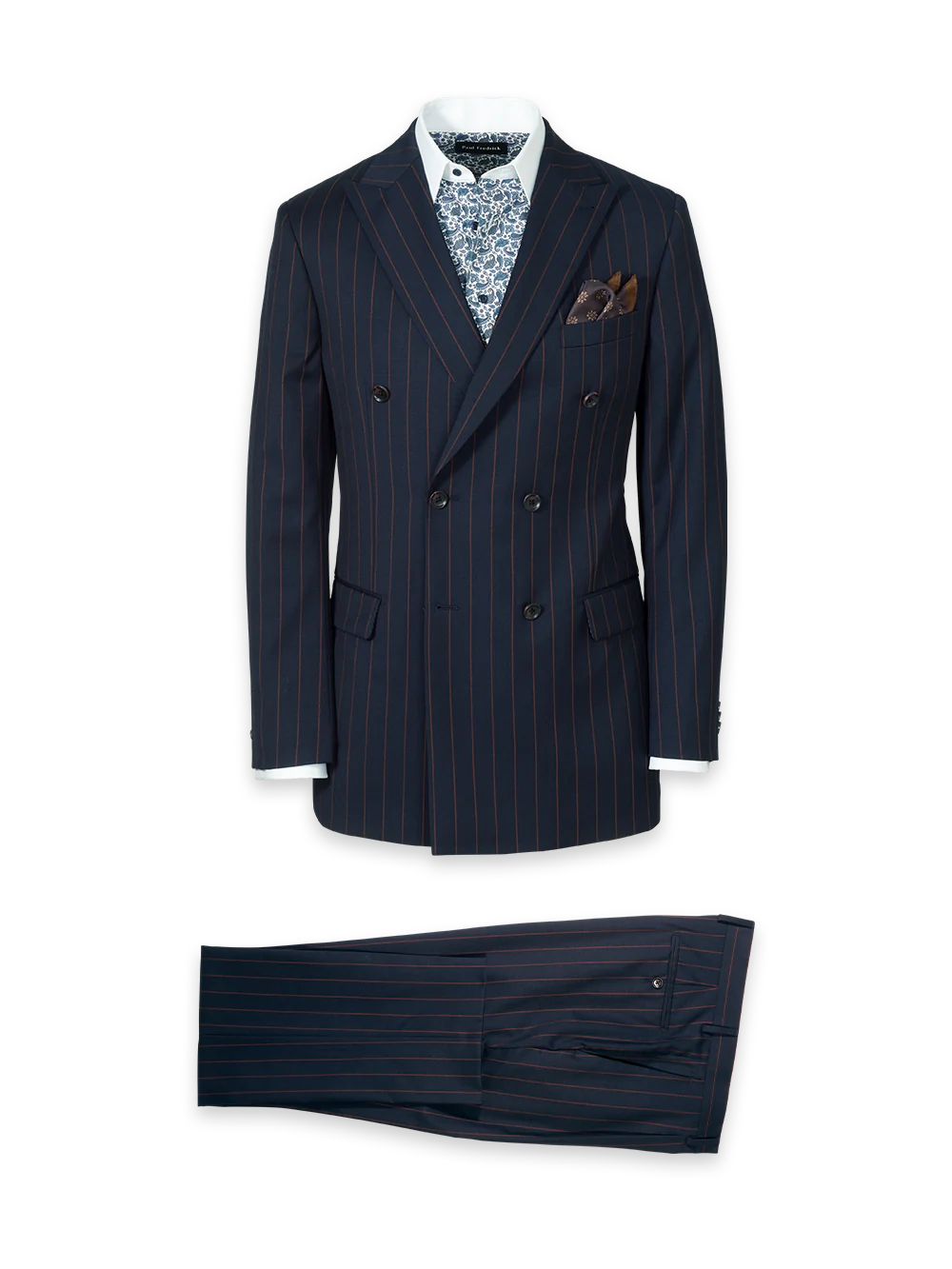 Navy/Brown Wool Stripe Double Breasted Peak Lapel Suit - Navy/brown