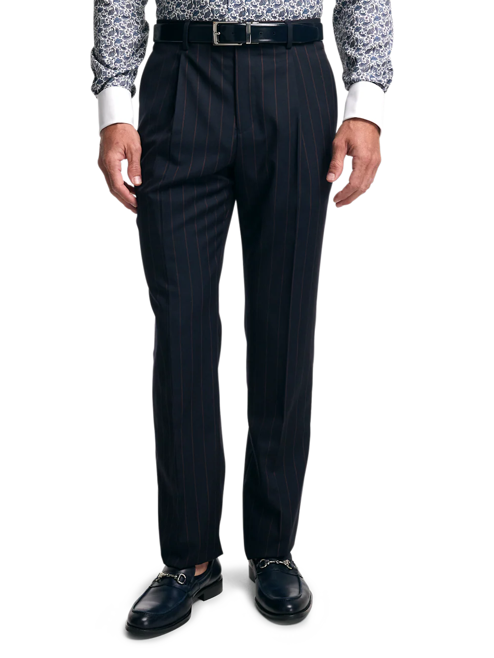 Navy/Brown Wool Stripe Single Pleat Suit Pants - Navy/brown - Image 2