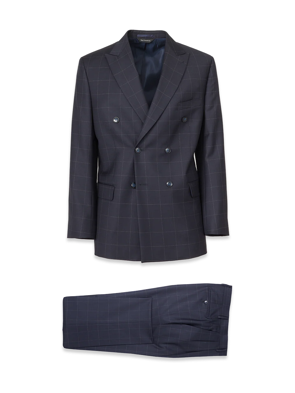Navy Wool Windowpane Double Breasted Peak Lapel Suit - Navy