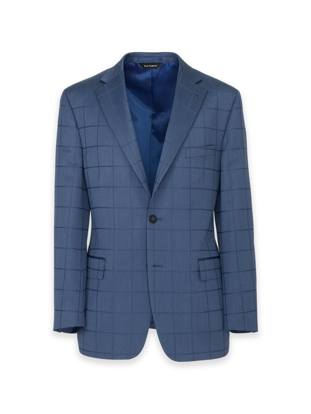 Navy Wool Windowpane Single Breasted Notch Lapel Suit Jacket - Navy