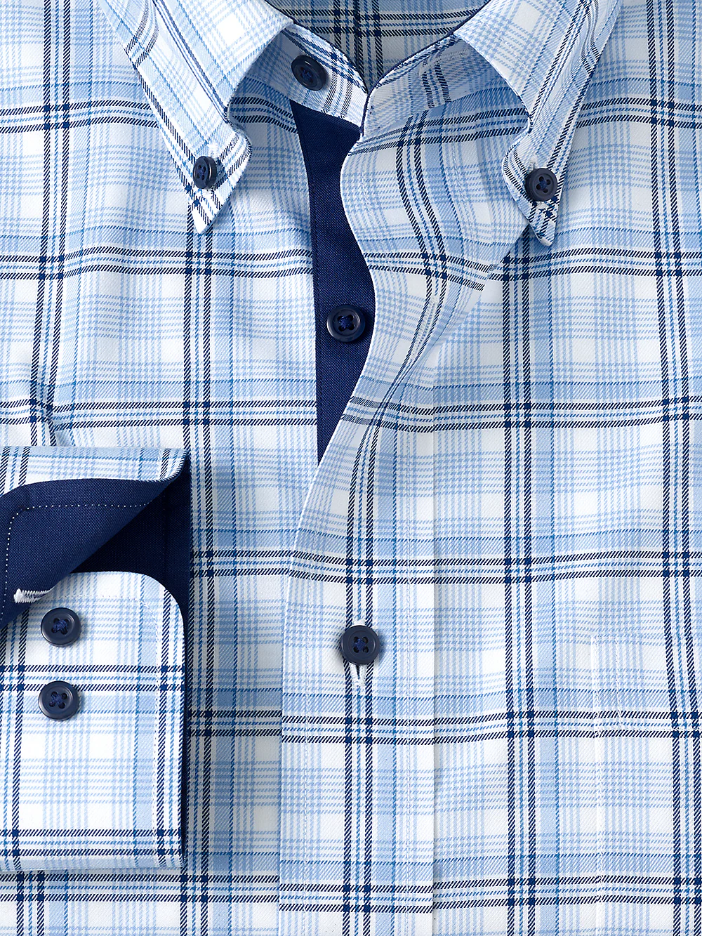 Non-Iron Cotton Check Dress Shirt With Contrast Trim - Blue - Image 2