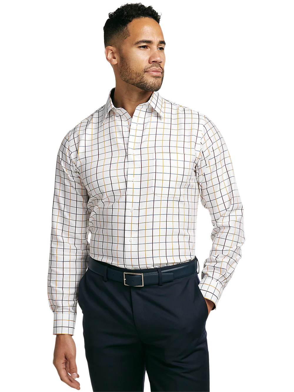 Non-Iron Cotton Check Dress Shirt With Contrast Trim - White Multi - Image 2
