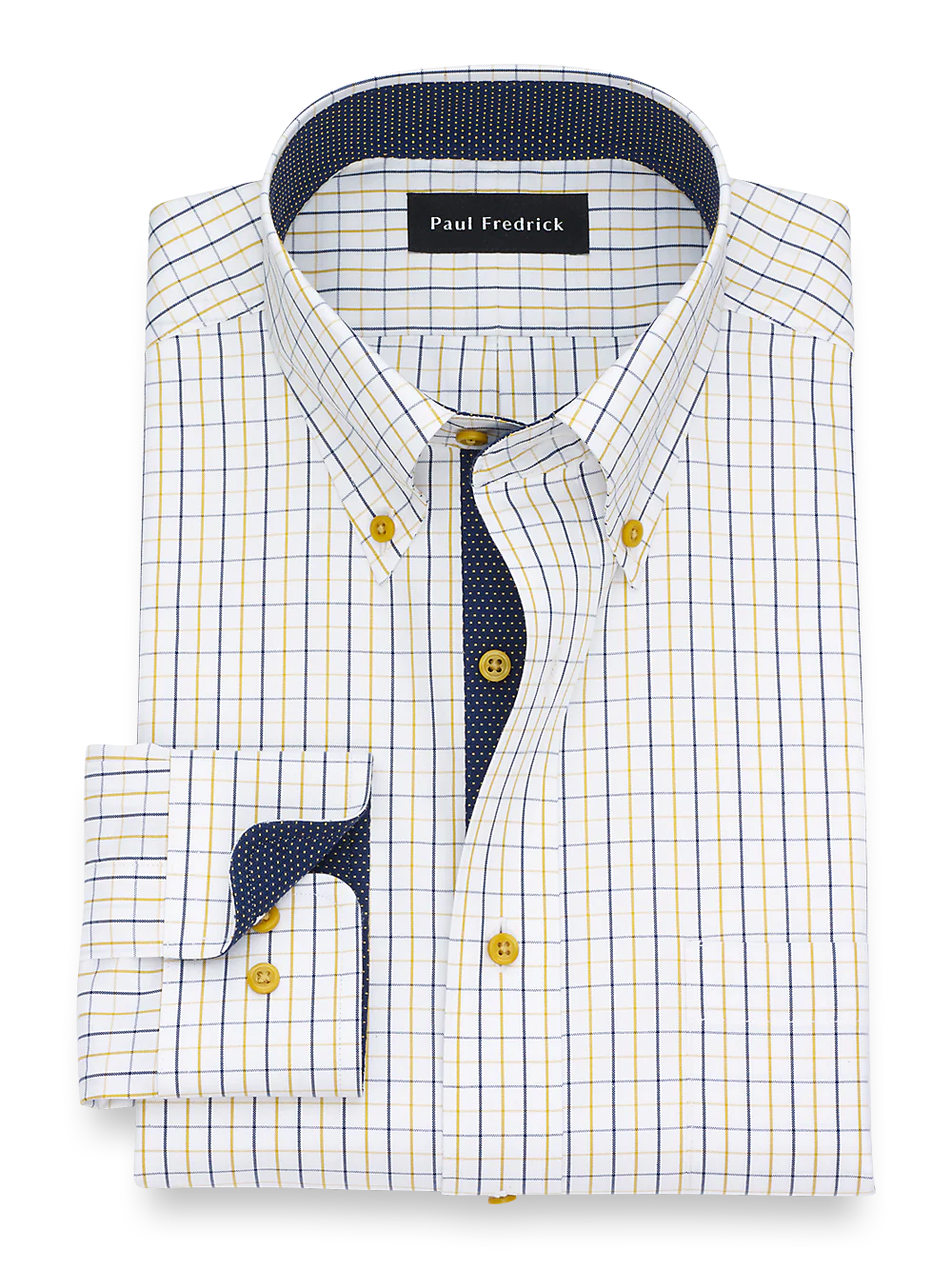 Non-Iron Cotton Check Dress Shirt With Contrast Trim - Navy/gold