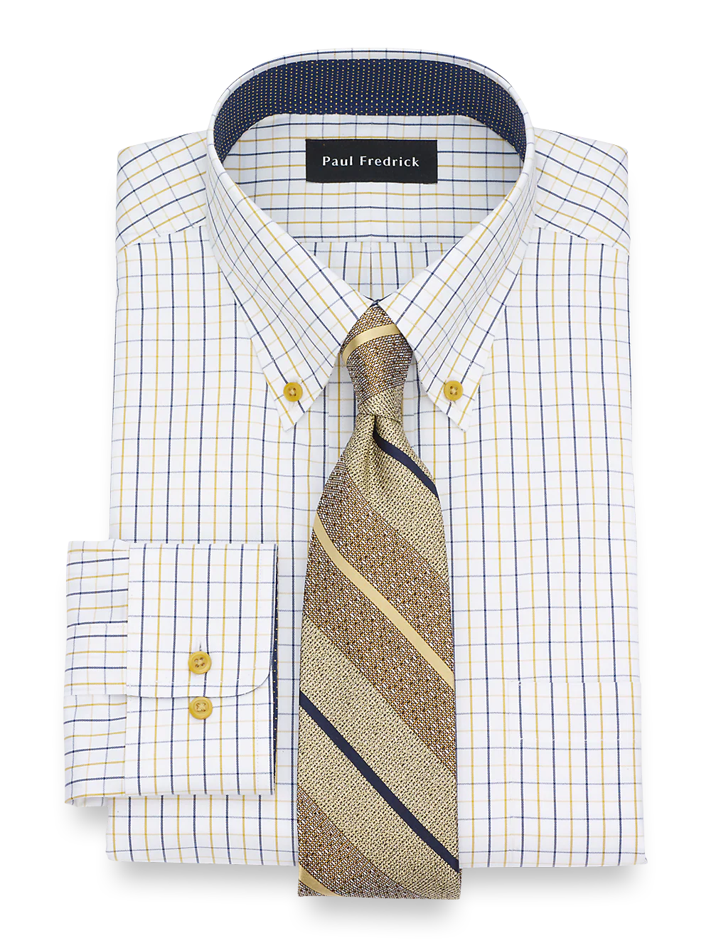 Non-Iron Cotton Check Dress Shirt With Contrast Trim - Navy/gold - Image 2