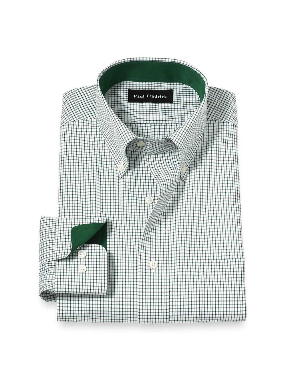 Non-Iron Cotton Check Dress Shirt With Contrast Trim - Green/white