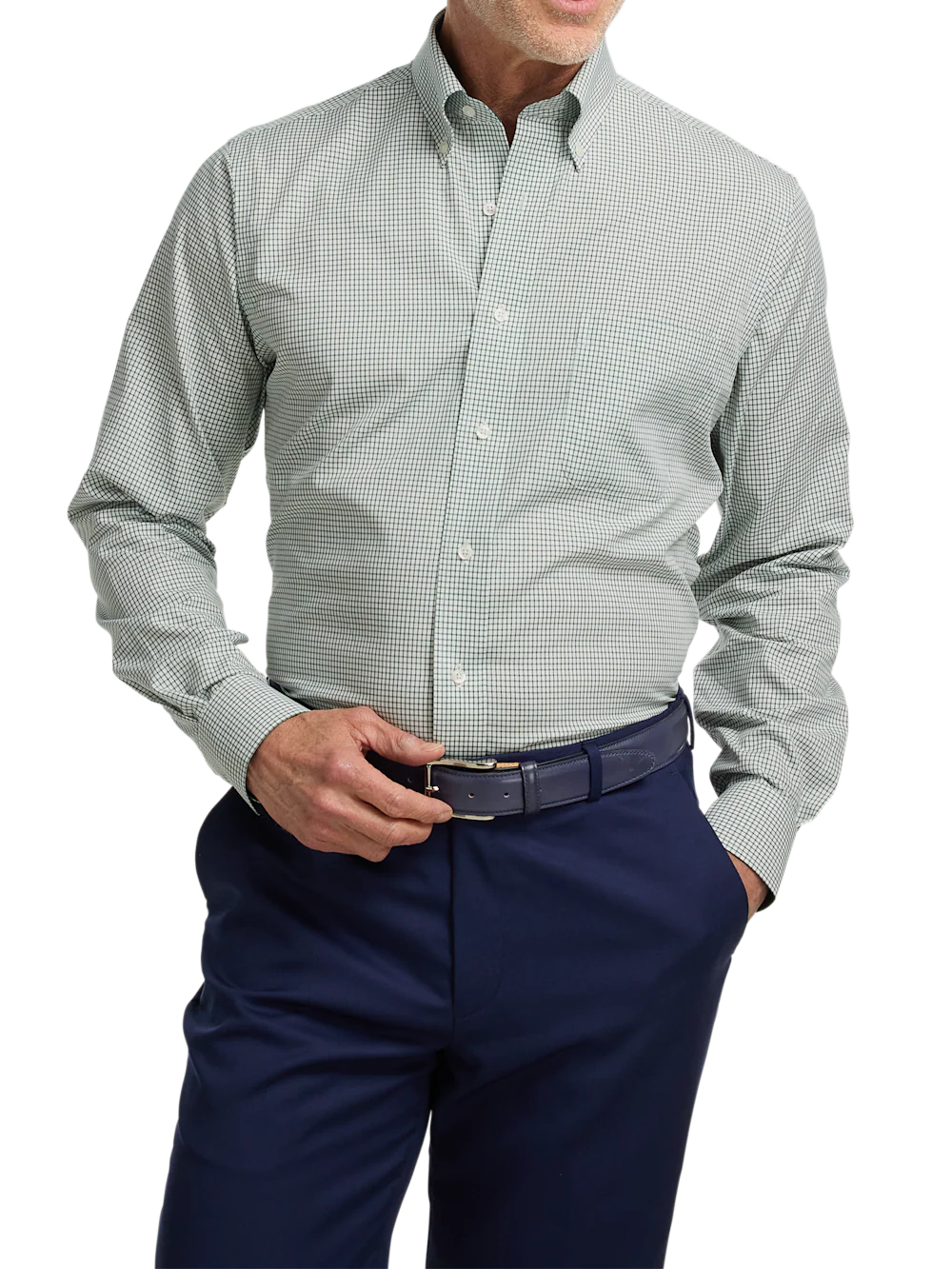 Non-Iron Cotton Check Dress Shirt With Contrast Trim - Green/white - Image 2