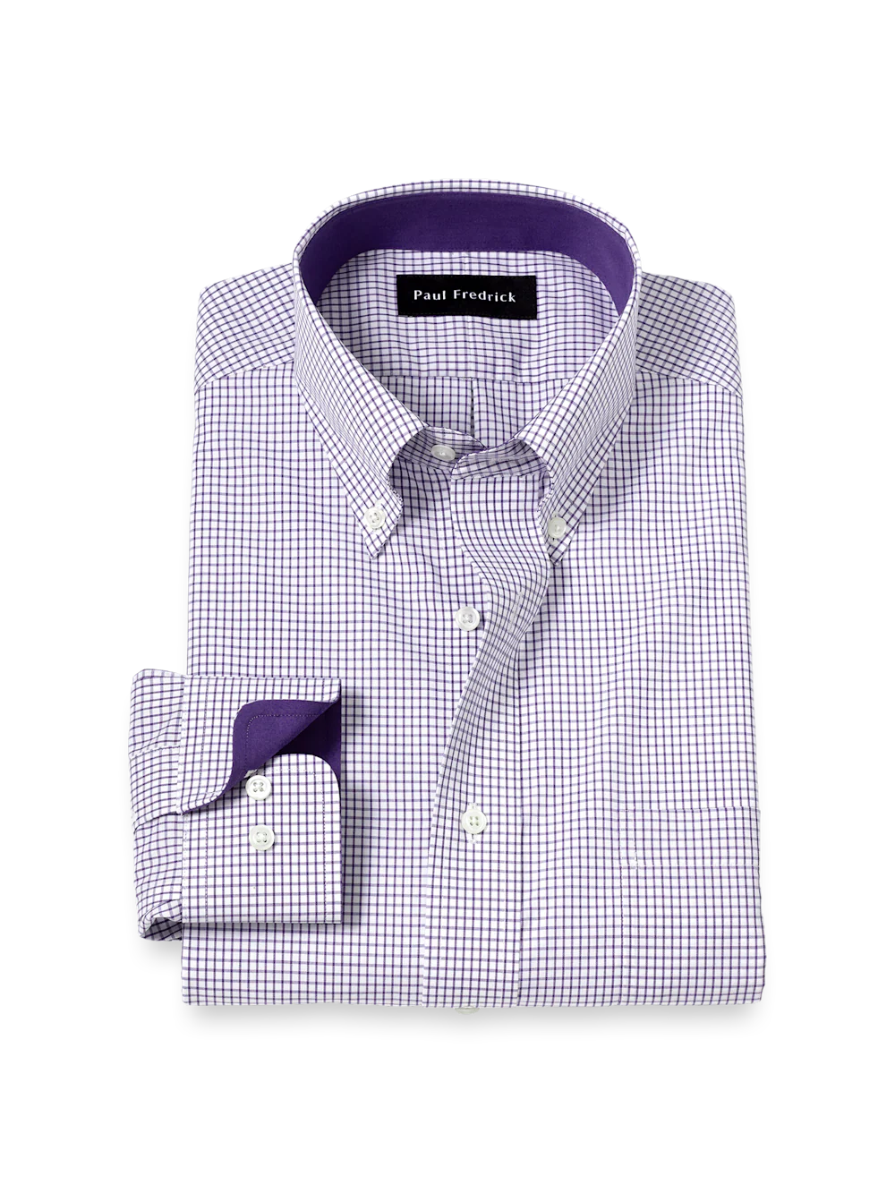 Non-Iron Cotton Check Dress Shirt With Contrast Trim - Purple/white