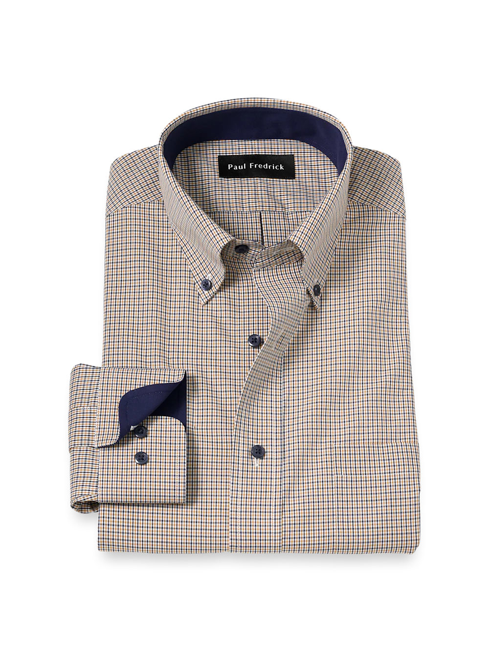 Non-Iron Cotton Check Dress Shirt With Contrast Trim - Navy/gold