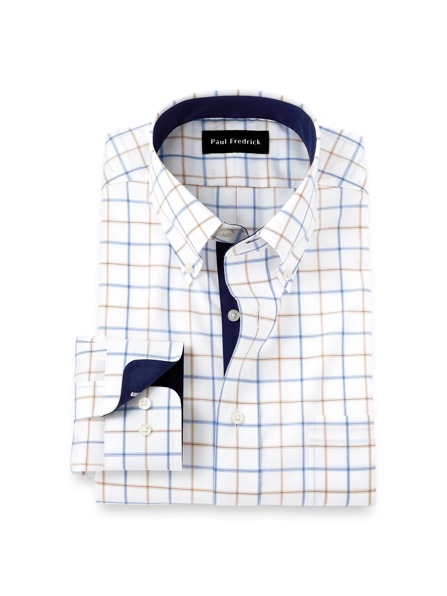 Non-Iron Cotton Check Dress Shirt With Contrast Trim - Blue/tan