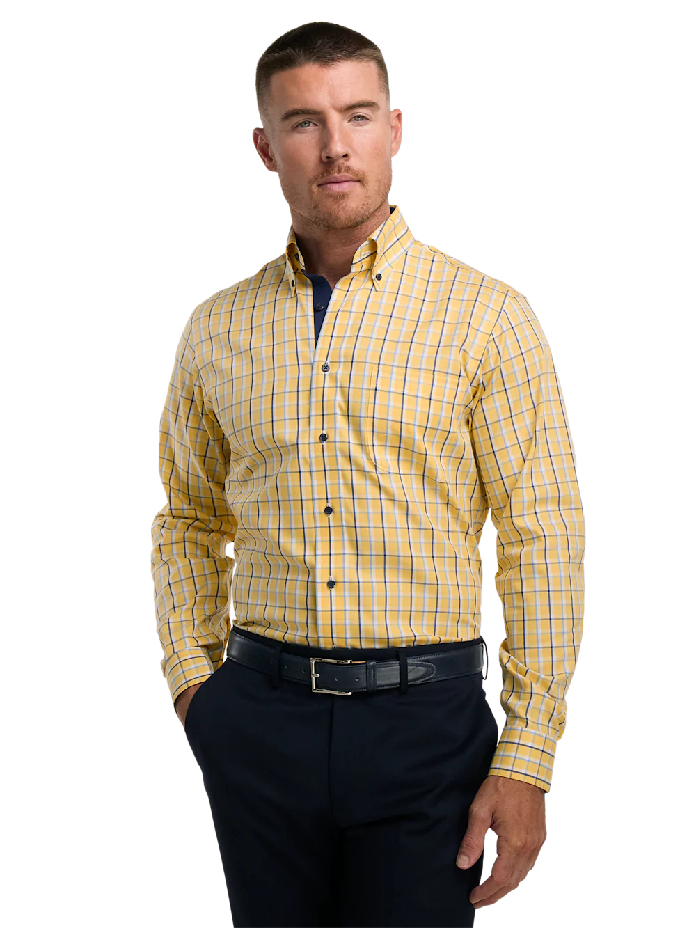 Non-Iron Cotton Check Dress Shirt With Contrast Trim - Yellow/blue - Image 2
