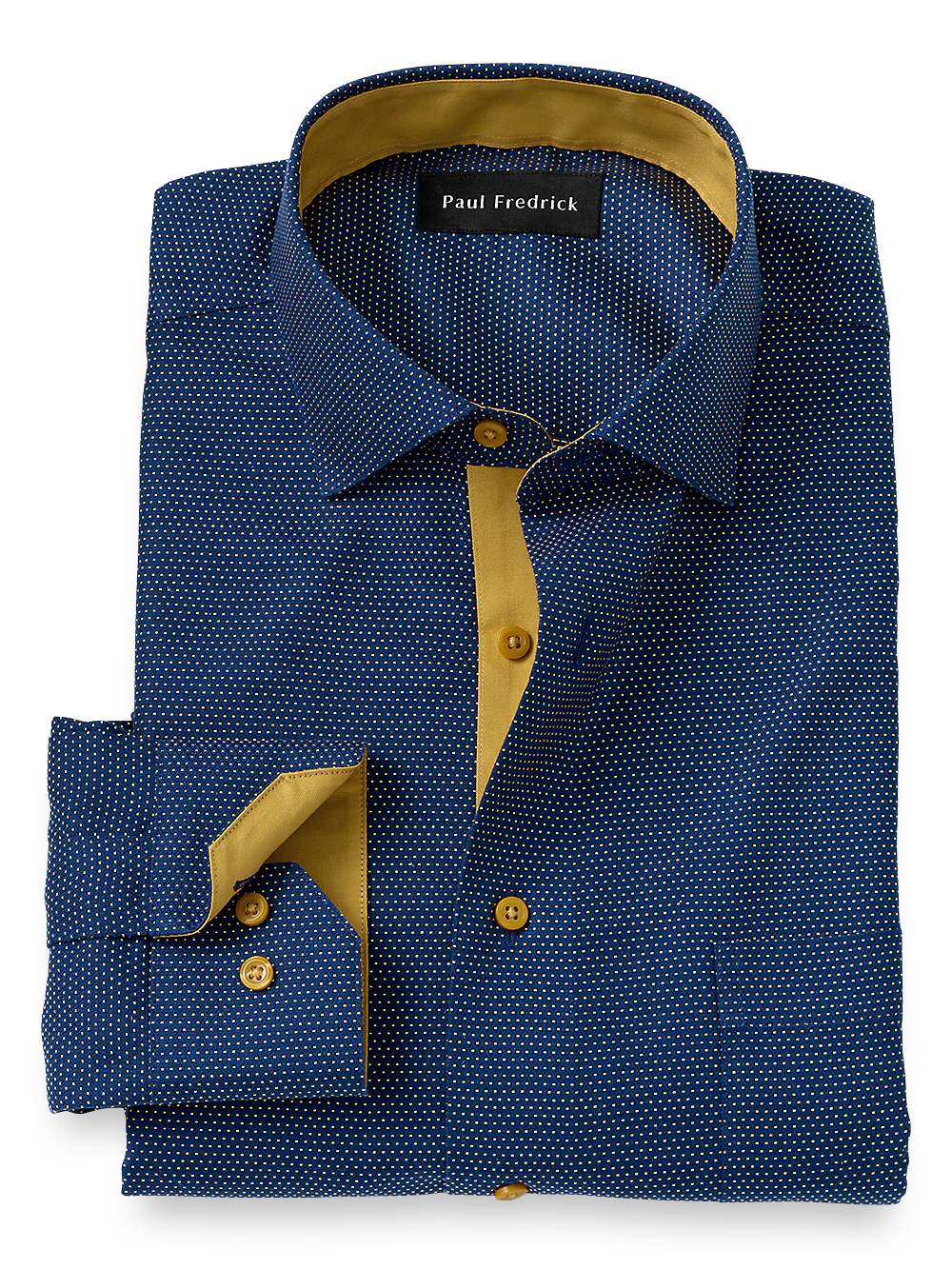 Non-Iron Cotton Dot Dress Shirt With Contrast Trim - Navy/gold