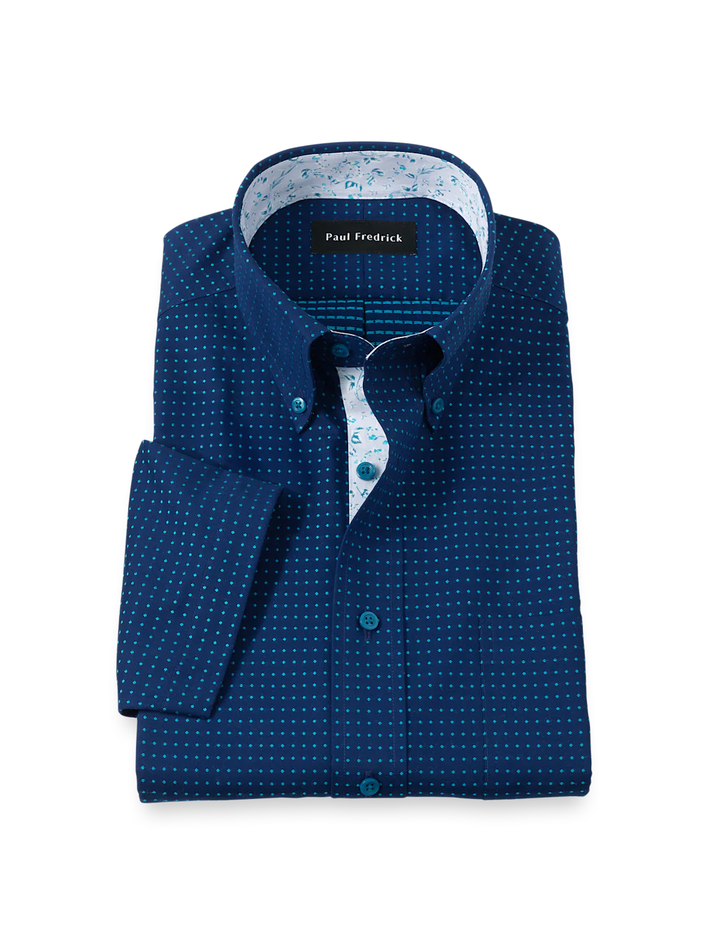 Non-Iron Cotton Dot Dress Shirt With Contrast Trim - Navy/teal