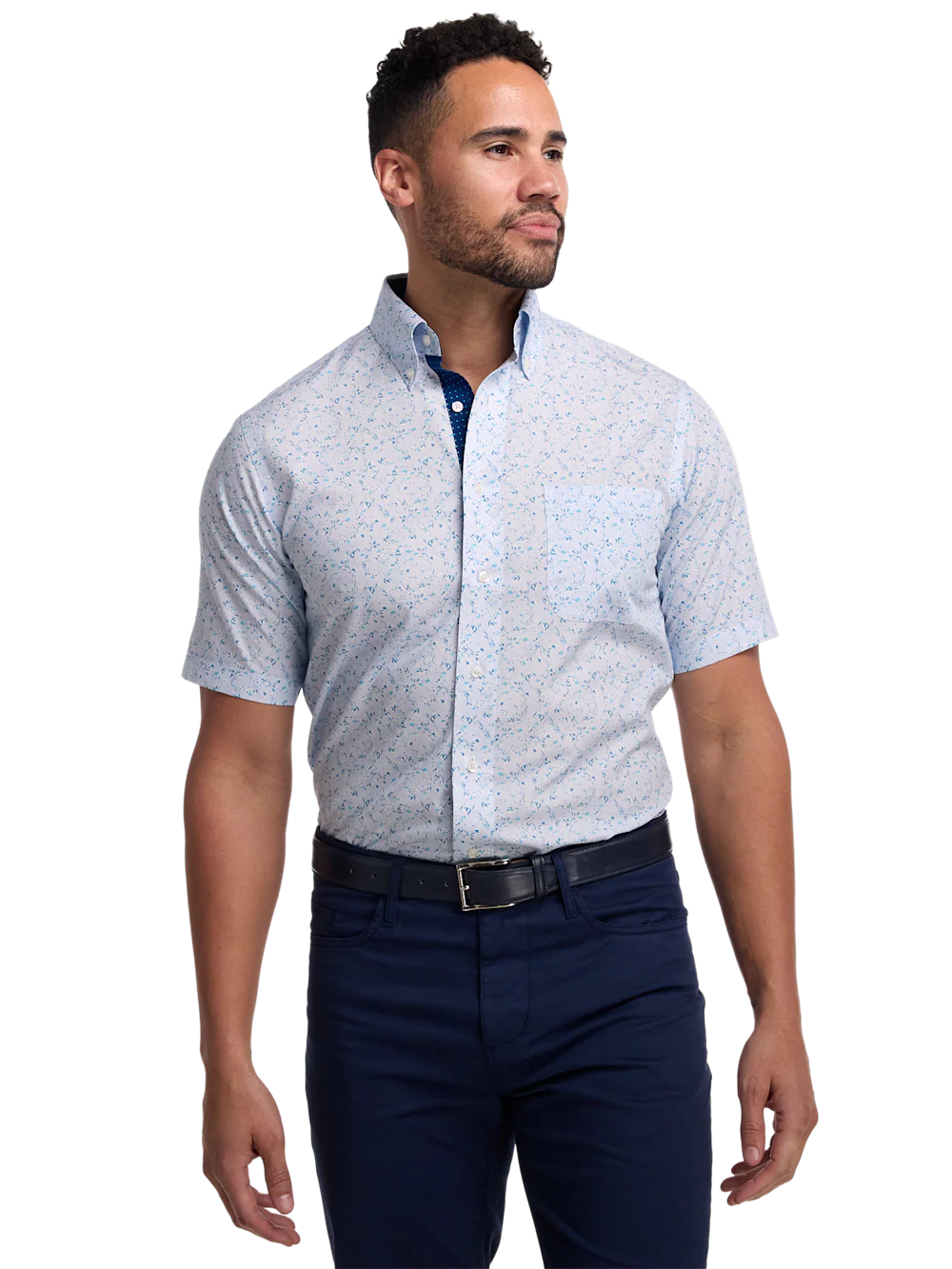 Non-Iron Cotton Floral Dress Shirt With Contrast Trim - Teal - Image 2