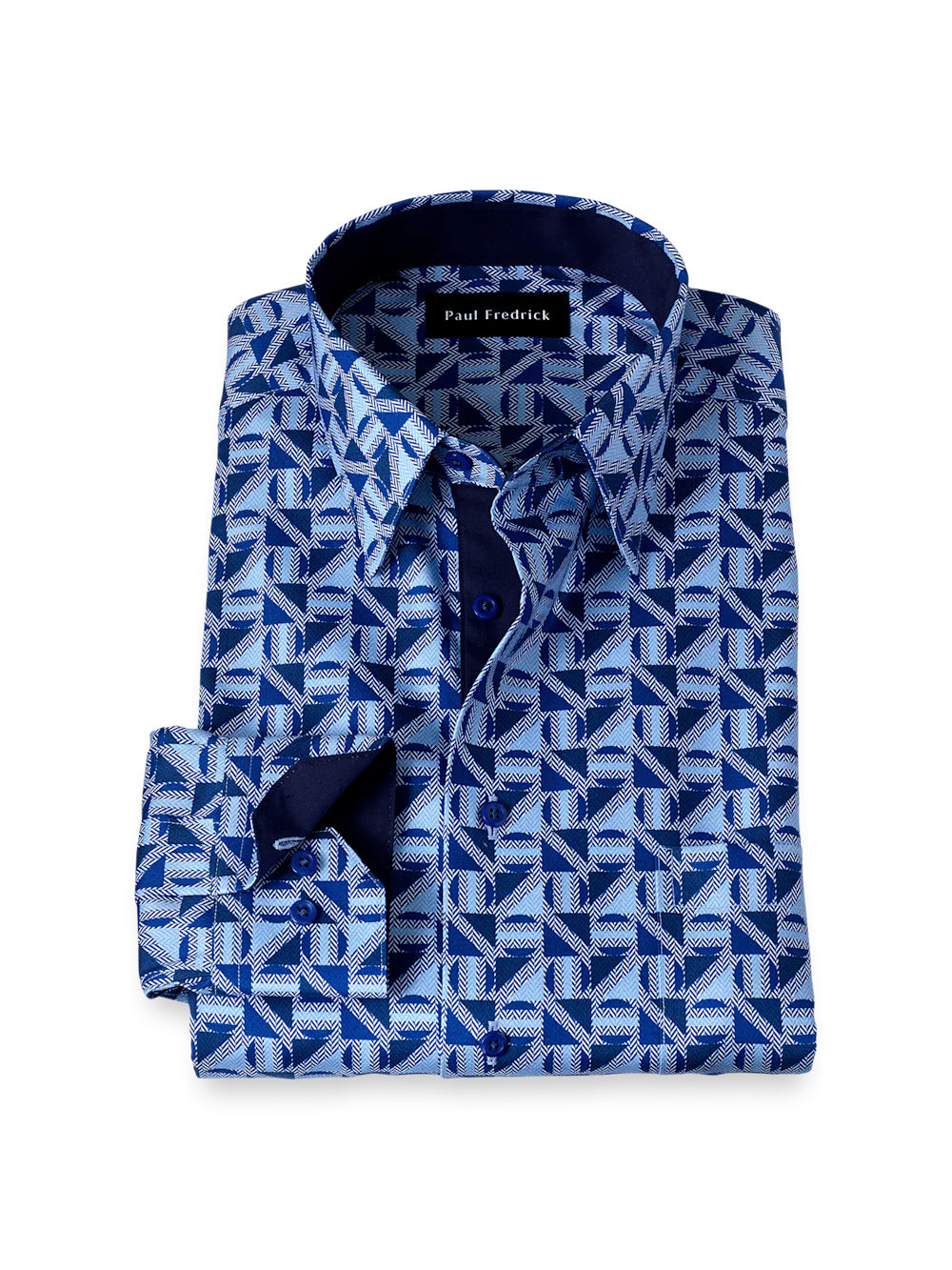 Non-Iron Cotton Geometric Dress Shirt With Contrast Trim - Blue