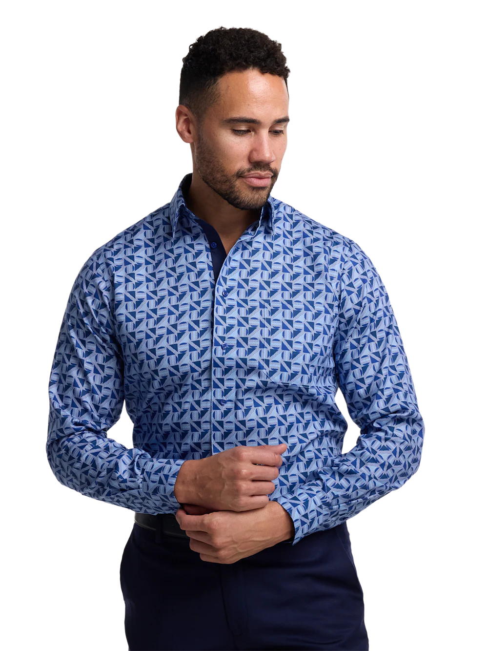 Non-Iron Cotton Geometric Dress Shirt With Contrast Trim - Blue - Image 2