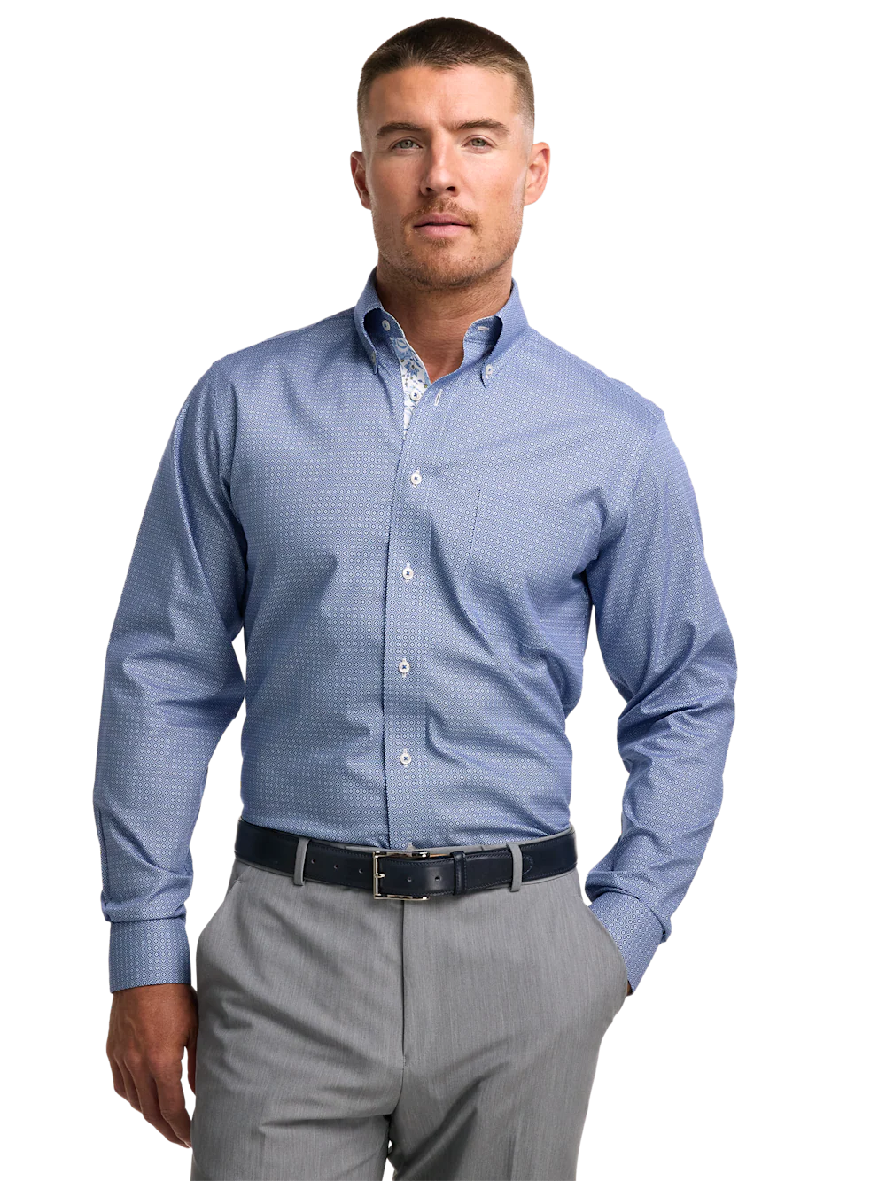 Non-Iron Cotton Geometric Dress Shirt With Contrast Trim - Blue - Image 2