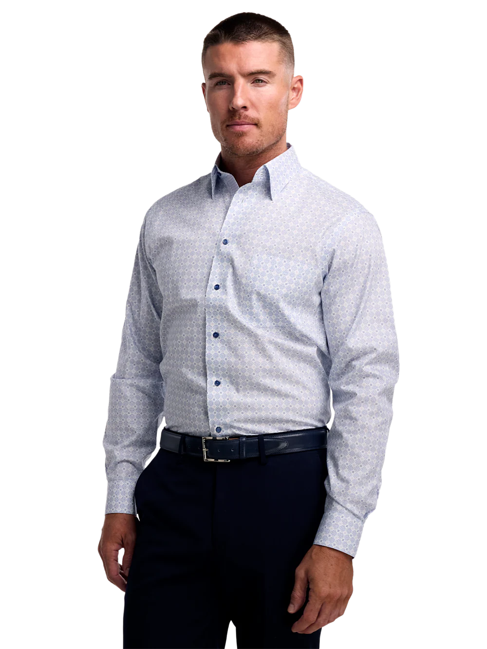 Non-Iron Cotton Geometric Dress Shirt With Contrast Trim - White/purple - Image 2