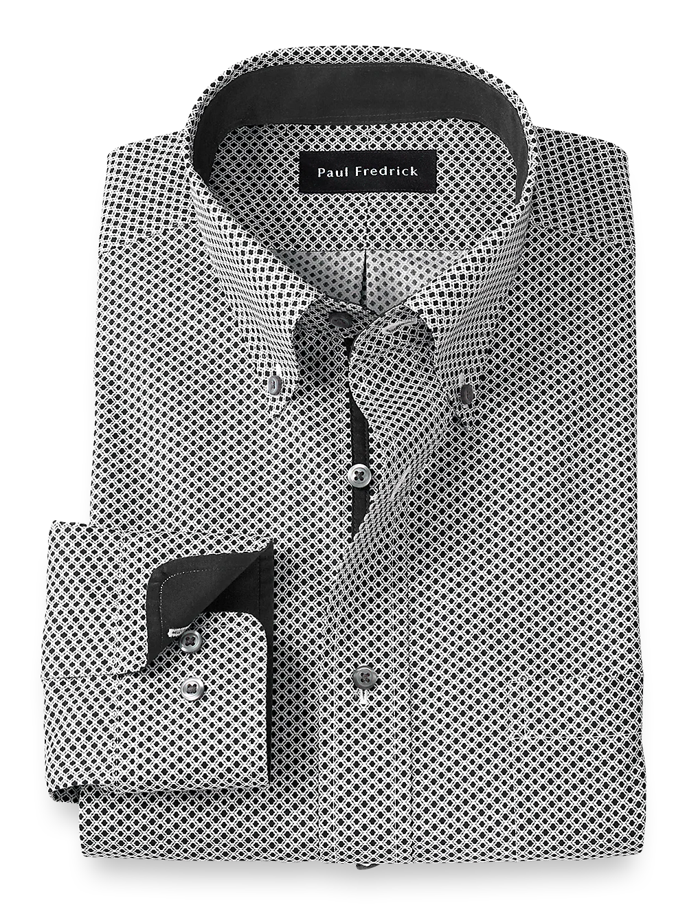 Non-Iron Cotton Geometric Print Dress Shirt With Contrast Trim - Black/white