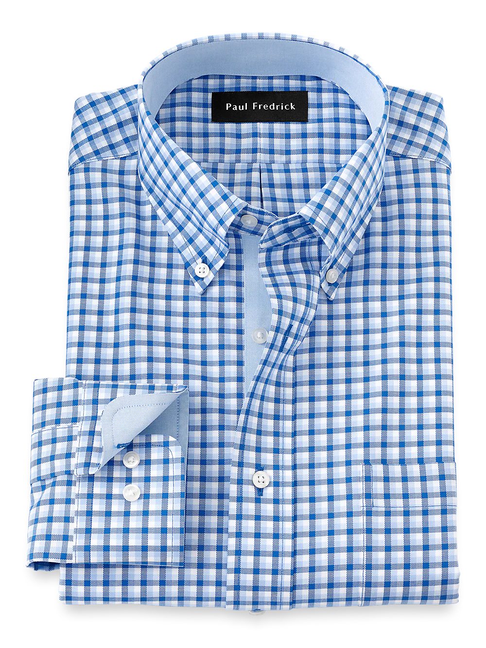 Non-Iron Cotton Gingham Dress Shirt With Contrast Trim - Blue