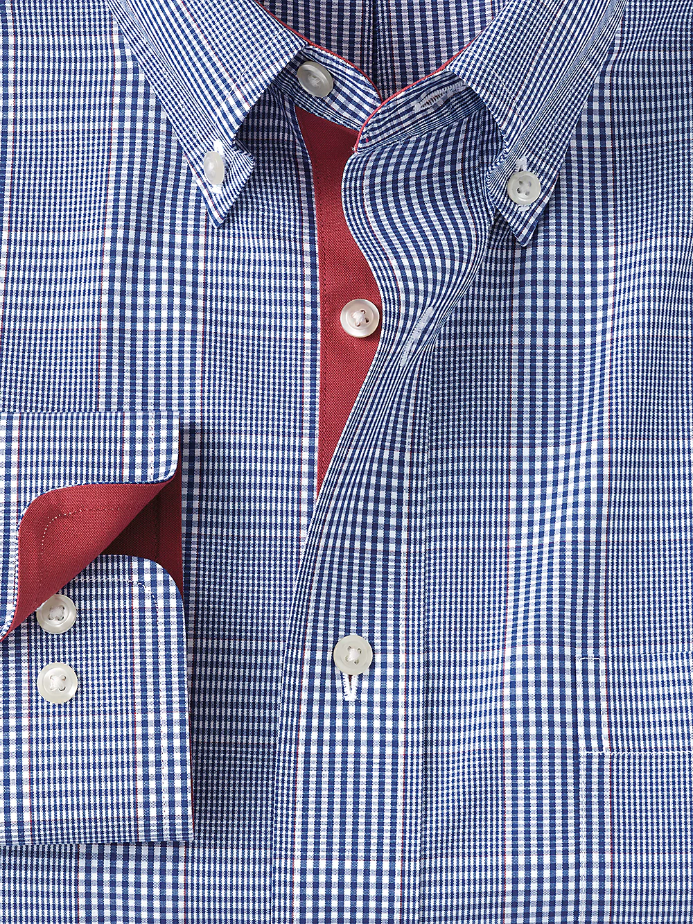 Non-Iron Cotton Glen Plaid Dress Shirt With Contrast Trim - Blue/brick - Image 2