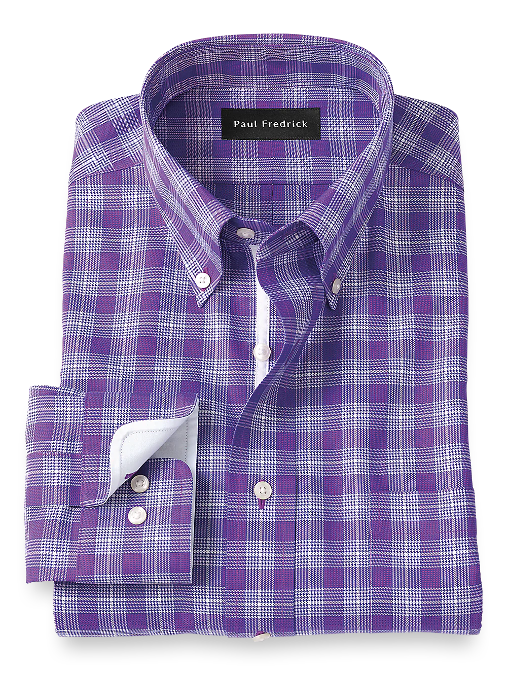 Non-Iron Cotton Glen Plaid Dress Shirt With Contrast Trim - Purple