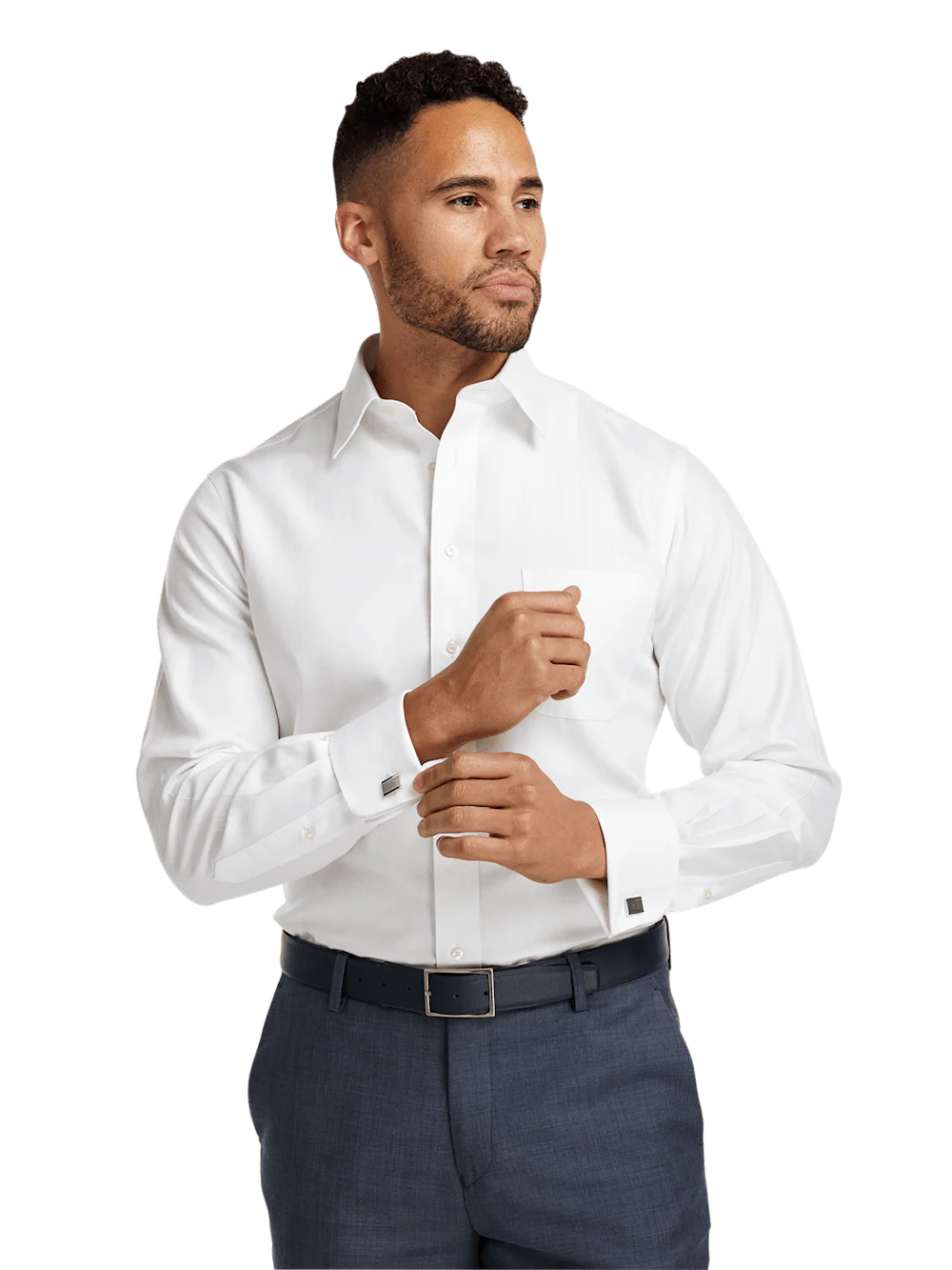 Non-Iron Cotton Herringbone Point Collar French Cuff Dress Shirt - White - Image 2