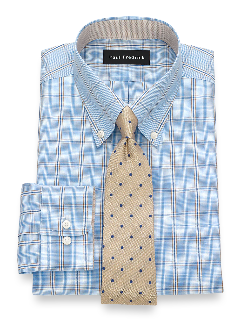 Non-Iron Cotton Pinpoint Glen Plaid Dress Shirt With Contrast Trim - Blue/tan - Image 2