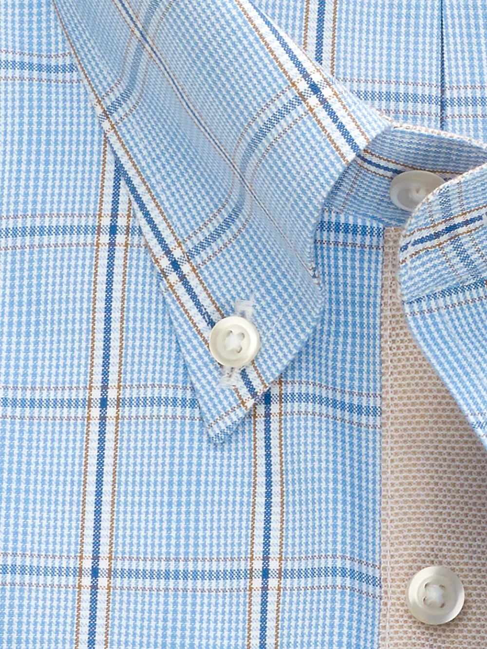 Non-Iron Cotton Pinpoint Glen Plaid Dress Shirt With Contrast Trim - Blue/tan - Image 3