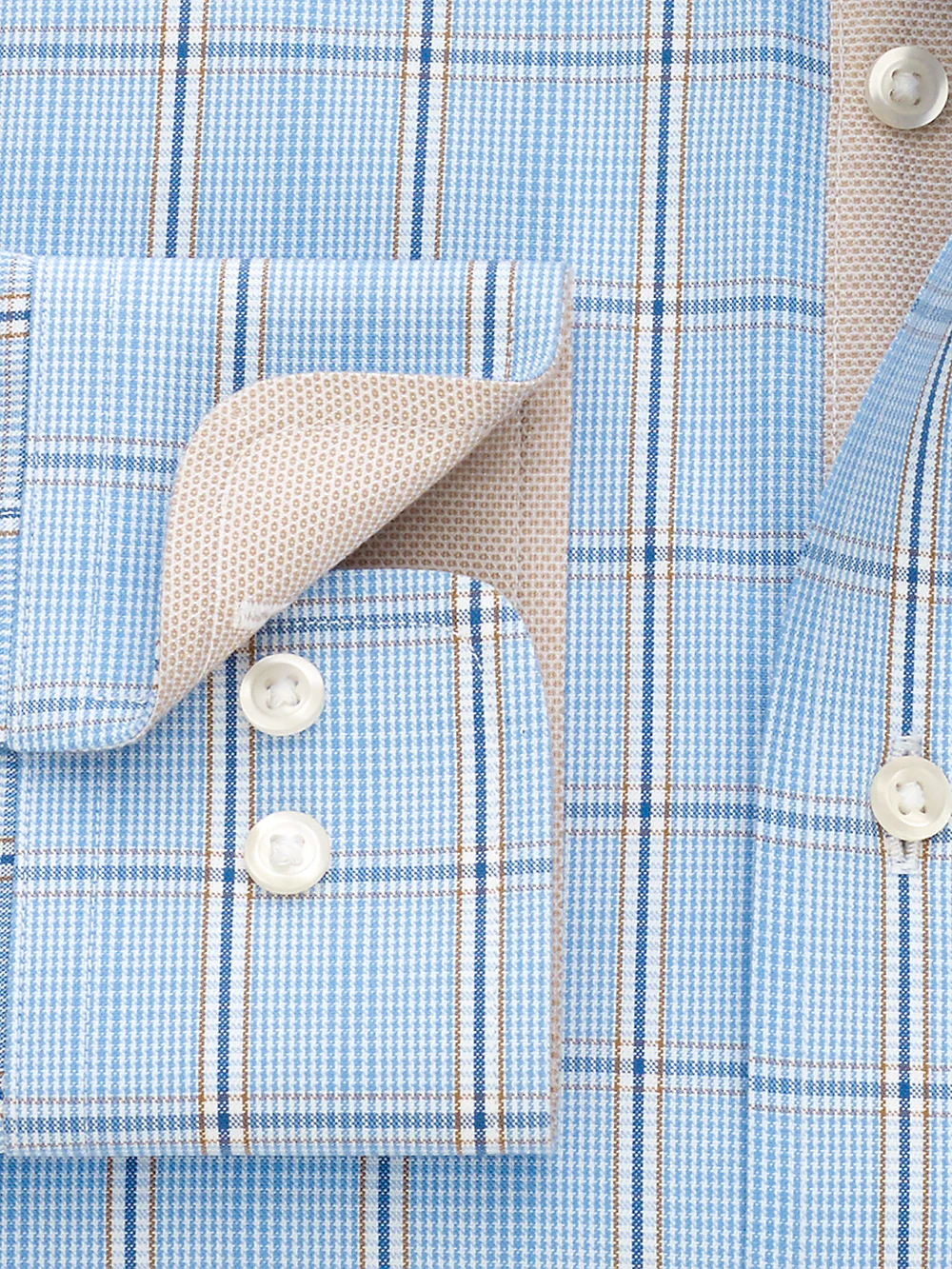 Non-Iron Cotton Pinpoint Glen Plaid Dress Shirt With Contrast Trim - Blue/tan - Image 4
