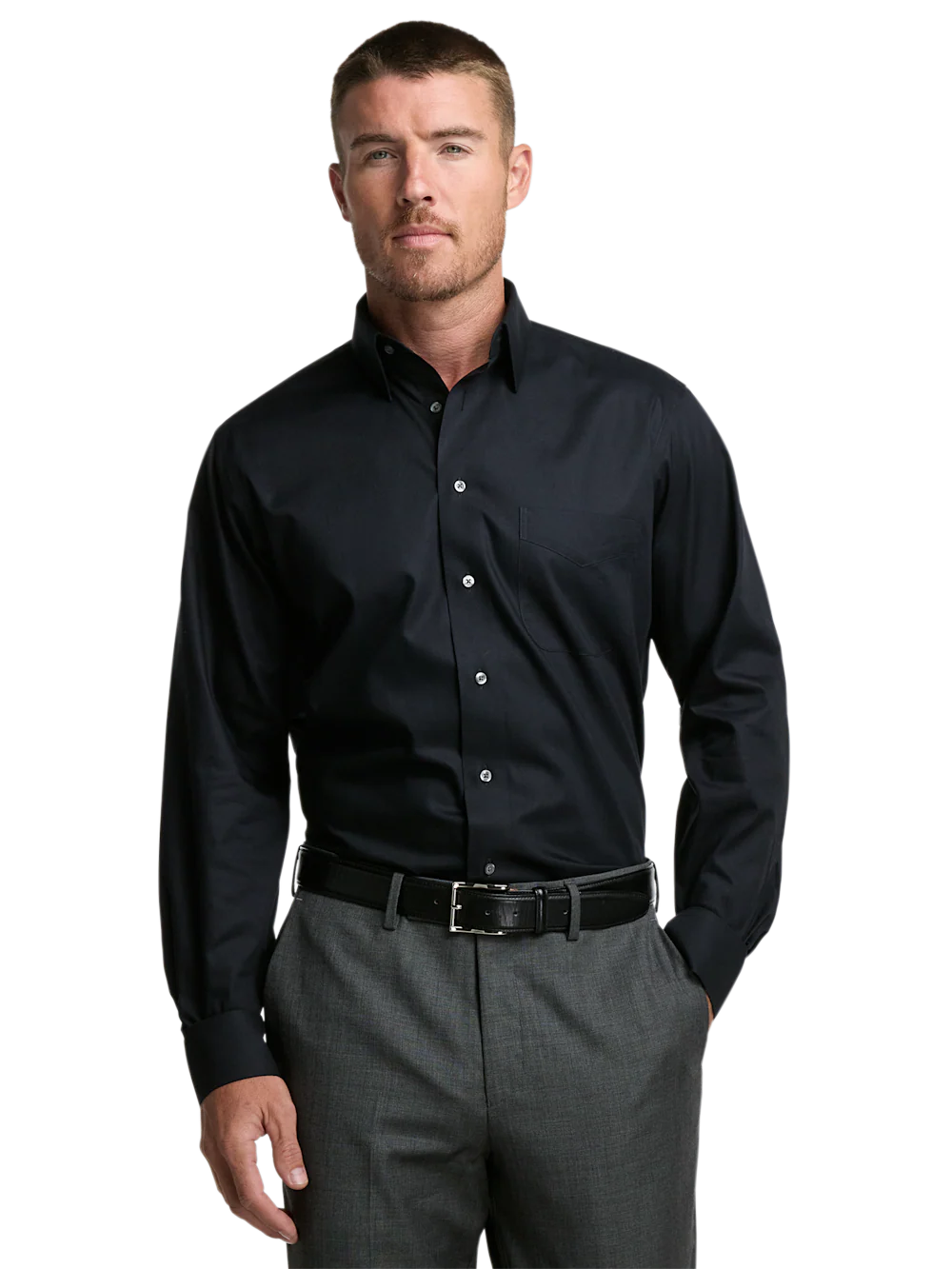 Non-Iron Cotton Pinpoint Solid Point Collar Dress Shirt - Black - Image 2