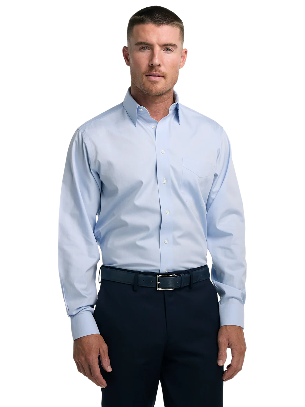 Non-Iron Cotton Pinpoint Solid Point Collar Dress Shirt - Blue - Image 2