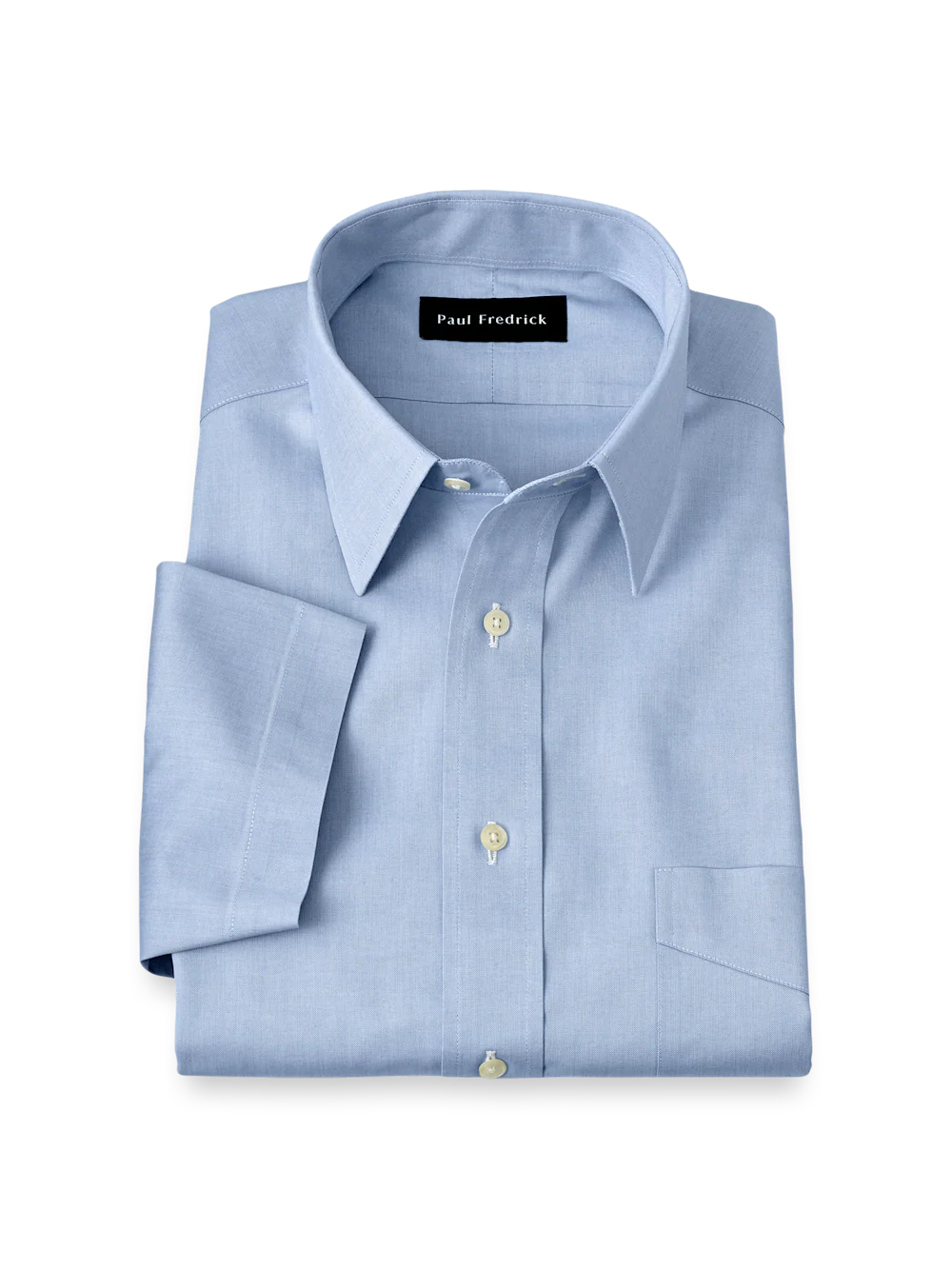 Non-Iron Cotton Pinpoint Solid Point Collar Short Sleeve Dress Shirt - Blue