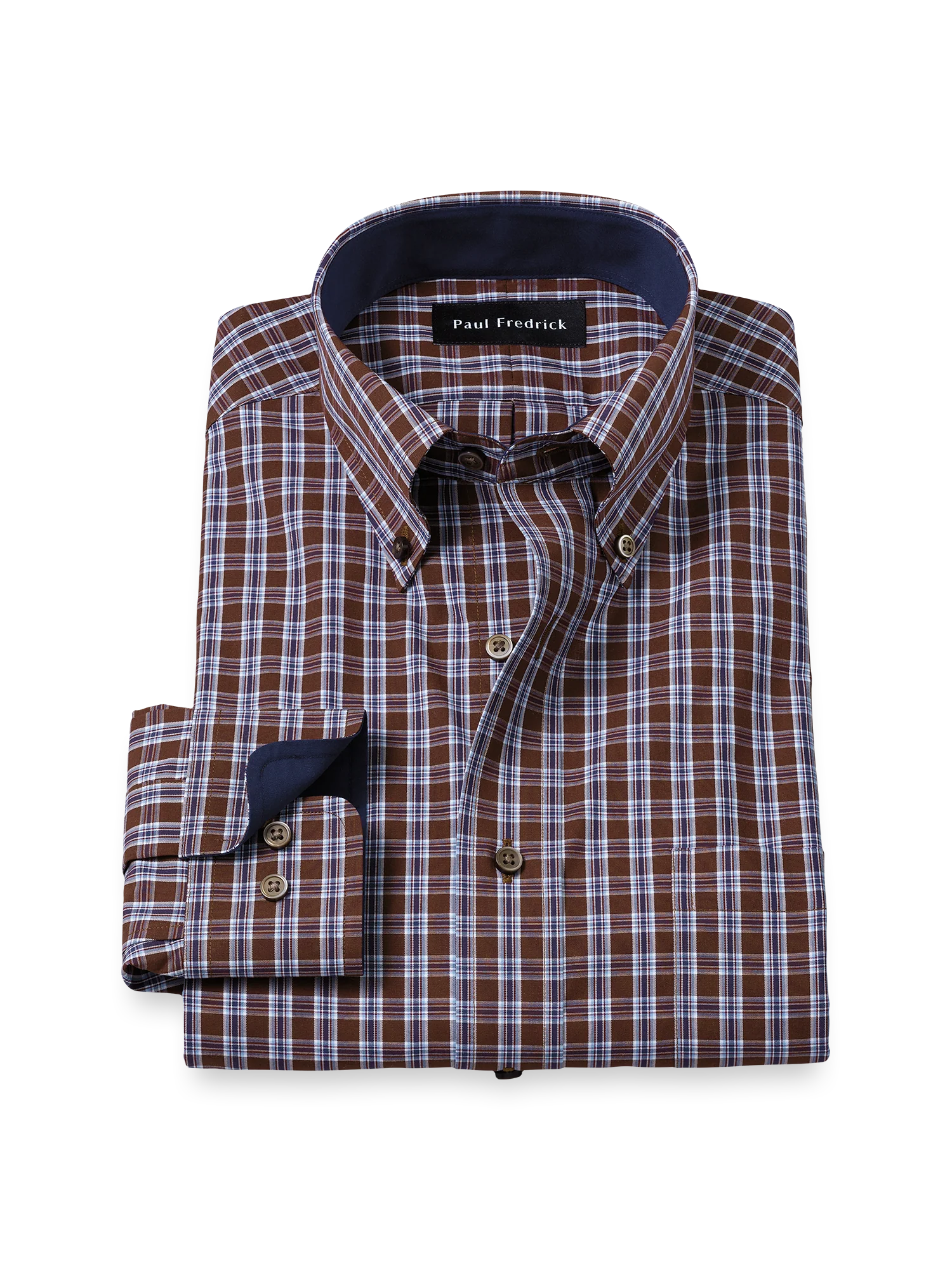 Non-Iron Cotton Plaid Dress Shirt With Contrast Trim - Brown/blue