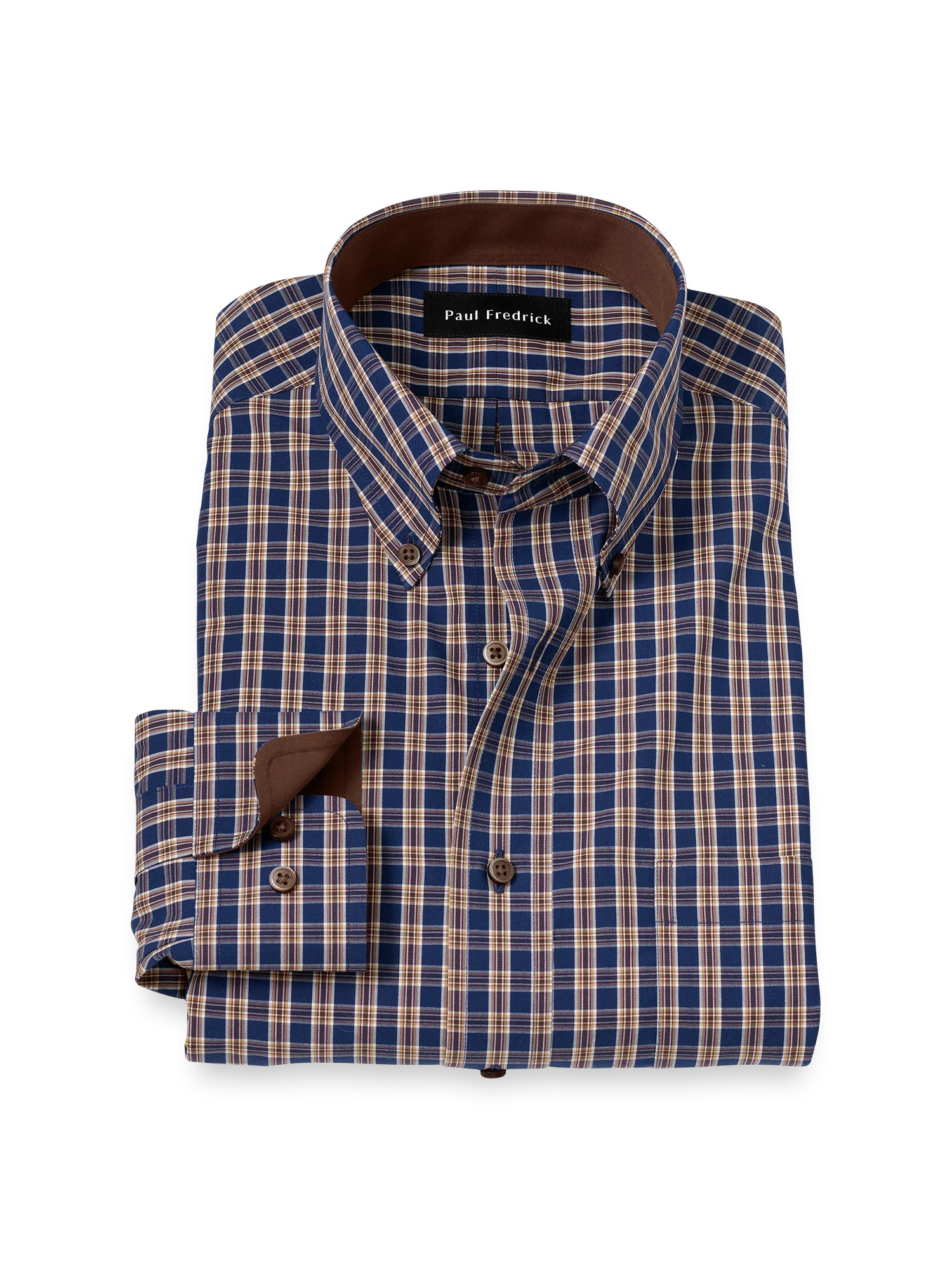Non-Iron Cotton Plaid Dress Shirt With Contrast Trim - Blue/brown