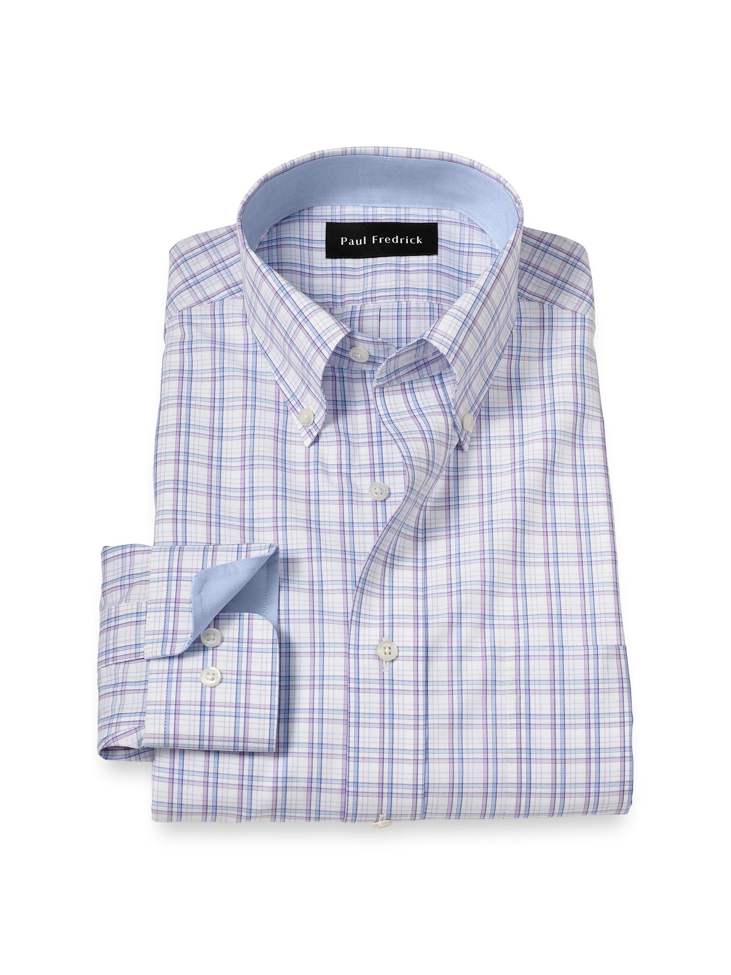 Non-Iron Cotton Plaid Dress Shirt With Contrast Trim - Blue/purple