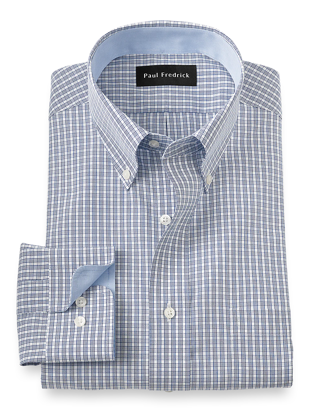 Non-Iron Cotton Plaid Dress Shirt With Contrast Trim - Blue